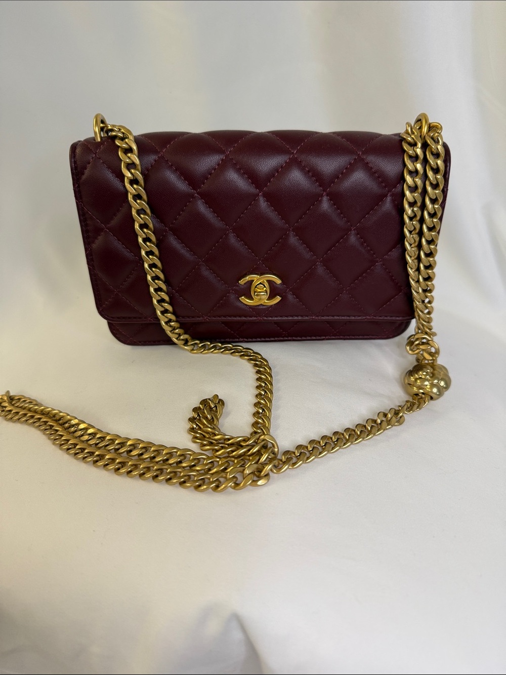 CHANEL Quilted WOC Bag in Burgundy with Gold Hardware COCO crush strap